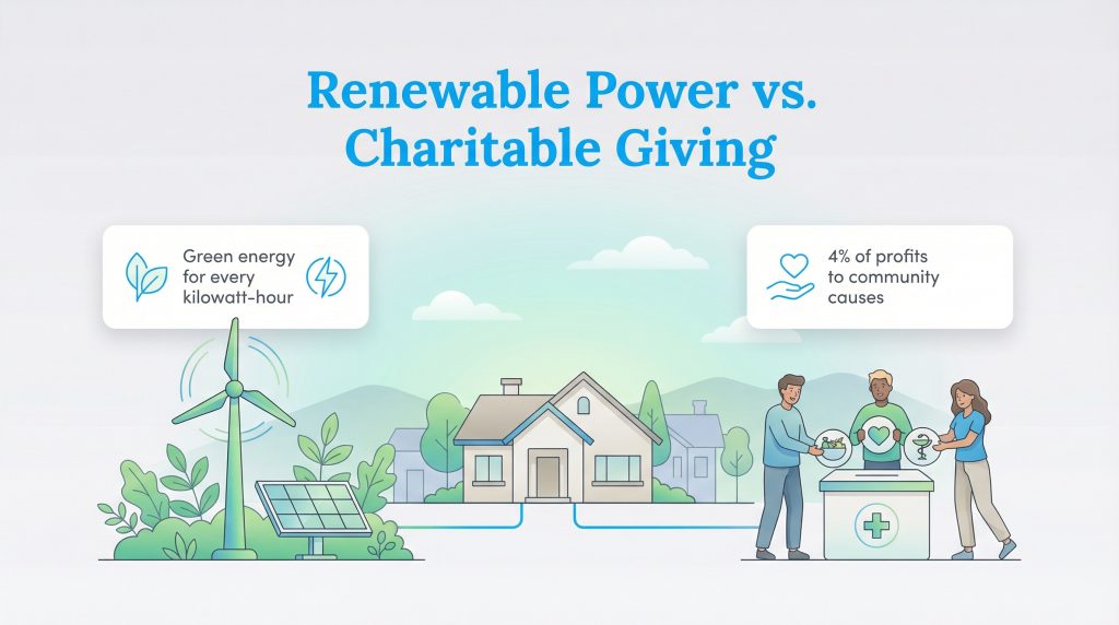 An illustration comparing renewable power, represented by wind and solar, with charitable giving, represented by community donations.
