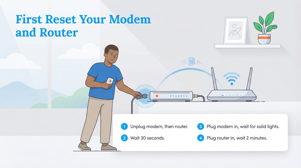 Infographic shows a man unplugging a modem and four steps to reset the equipment.