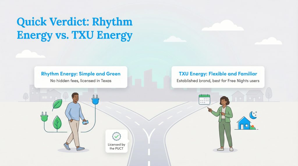 Infographic comparing Rhythm Energy (simple, green) and TXU Energy (flexible, familiar) as a fork in the road.