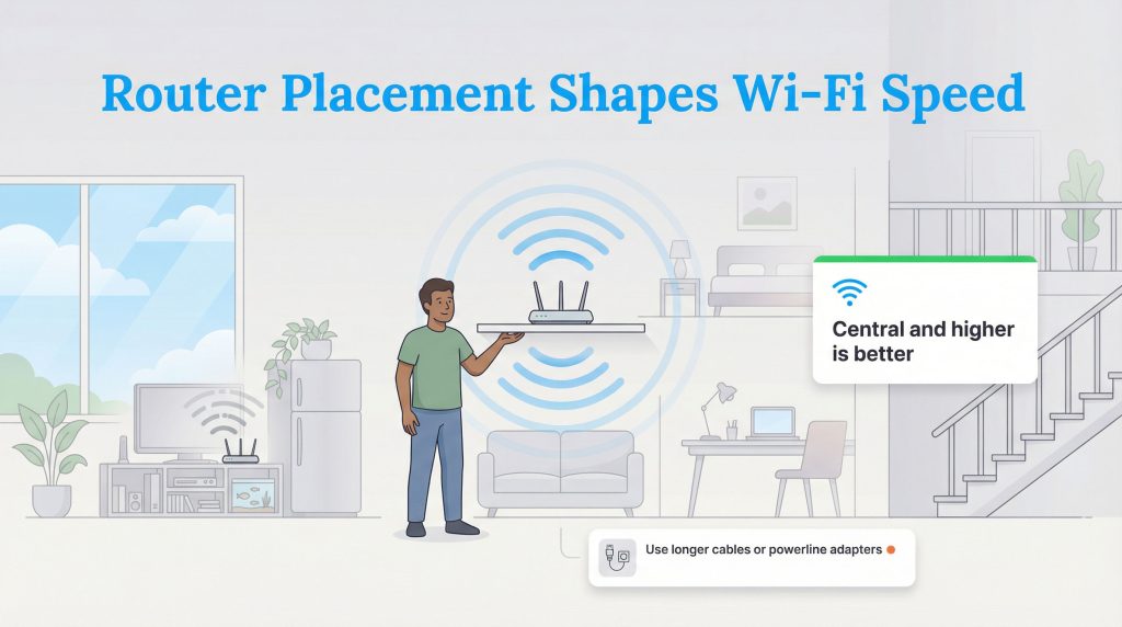 Infographic showing central, elevated router placement for better Wi-Fi coverage in a home.