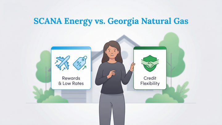 A comparison graphic shows SCANA Energy offers Rewards & Low Rates and Georgia Natural Gas offers Credit Flexibility.
