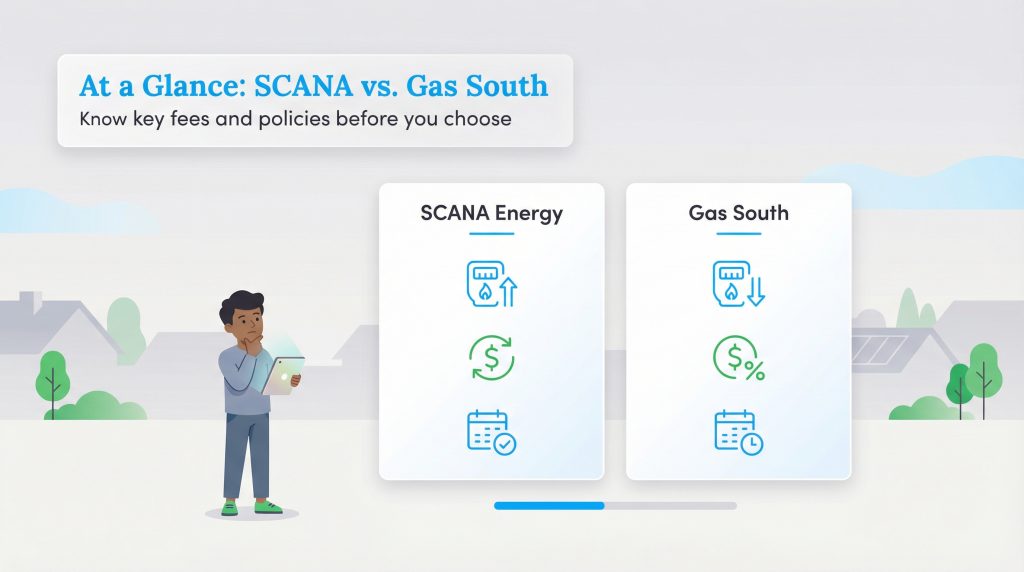 Infographic comparing SCANA Energy and Gas South with icons for fees, policies, and service.