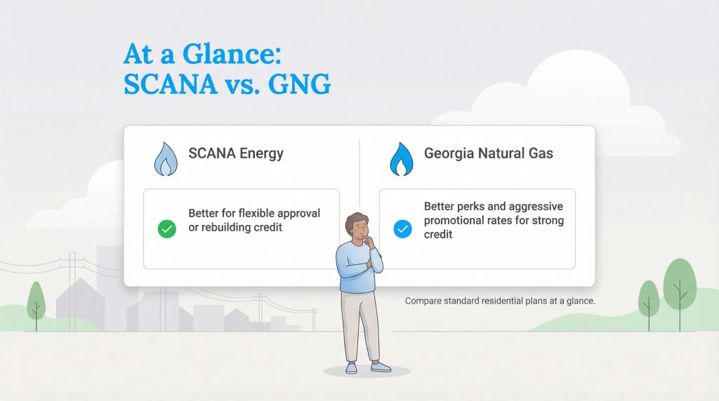 A comparison chart showing SCANA Energy is better for rebuilding credit and Georgia Natural Gas is better for strong credit.