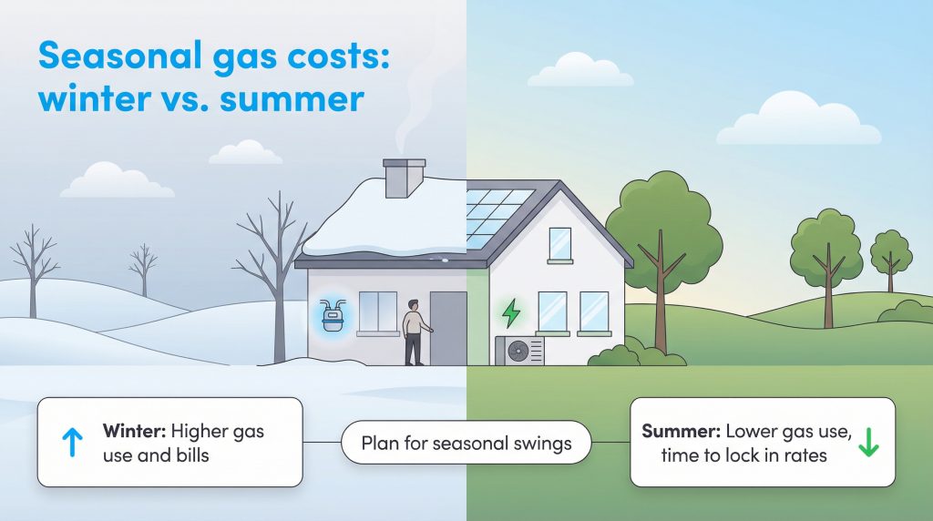 Infographic comparing high winter gas bills to lower summer usage and the need to plan for seasonal price swings.