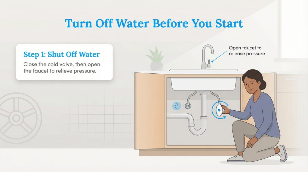 Illustration shows a woman closing the cold water valve under a sink and opening the faucet to release pressure.
