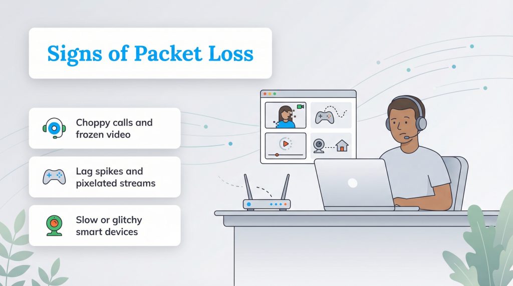 Illustration showing a man on a laptop experiencing signs of packet loss, with three bullet points listing common symptoms.