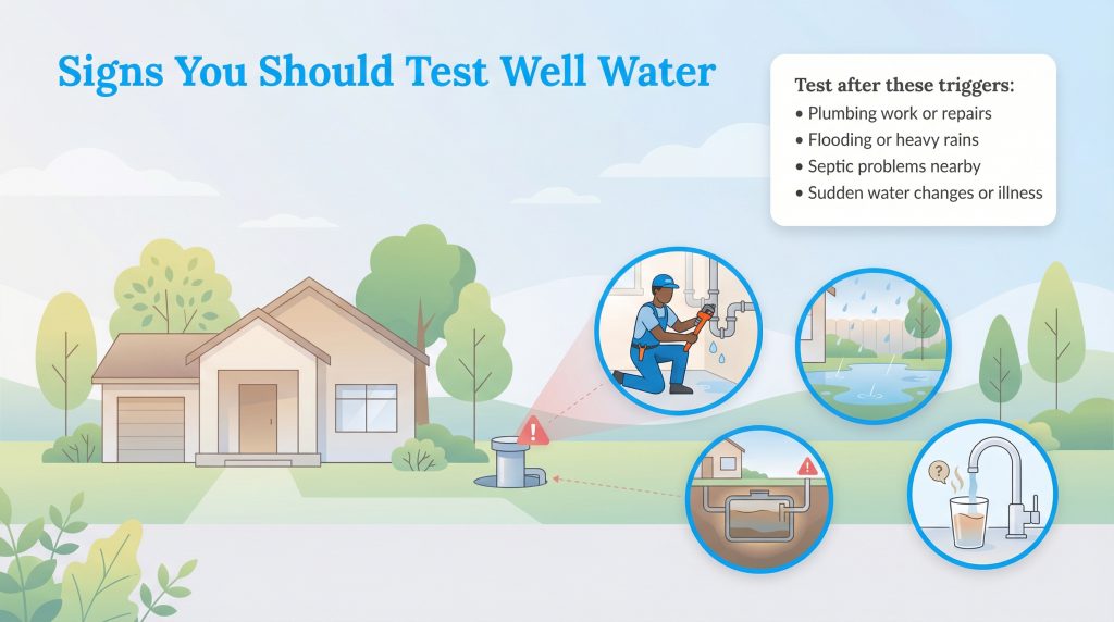 Diagram illustrating a home well system and four common triggers that require water testing.