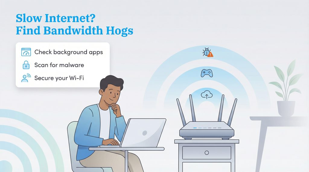 Infographic with a checklist to find bandwidth hogs: Check background apps, Scan for malware, Secure your Wi-Fi.