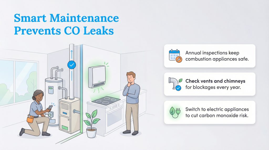 Illustration showing a technician and homeowner with text on preventing CO leaks through maintenance and electric appliances.
