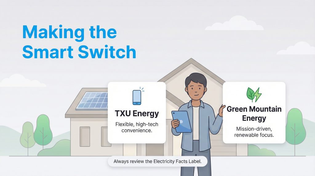 A man compares TXU Energy's high-tech convenience with Green Mountain Energy's renewable focus.