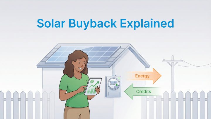 Illustration of solar buyback showing energy going to the grid and credits returning to a homeowner.