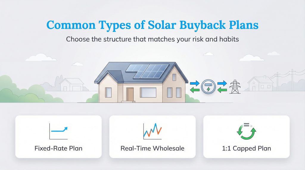 Infographic illustrating Common Types of Solar Buyback Plans, including Fixed-Rate, Real-Time Wholesale, and 1:1 Capped.