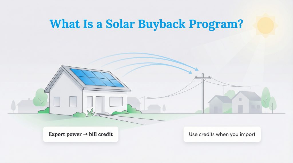 Diagram showing a solar home exporting power to the grid for bill credits to use later.