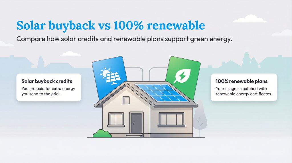 Infographic comparing solar buyback credits for excess energy vs 100% renewable plans that match usage.