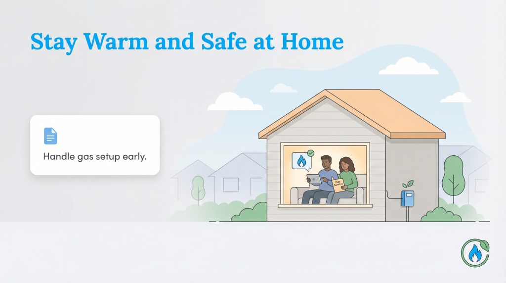A couple in a home setting up gas service on a tablet, with a tip to handle setup early.