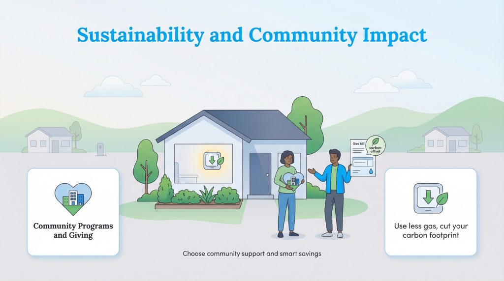 An illustration shows a house and two people, highlighting community programs, carbon offsets, and reducing gas usage.