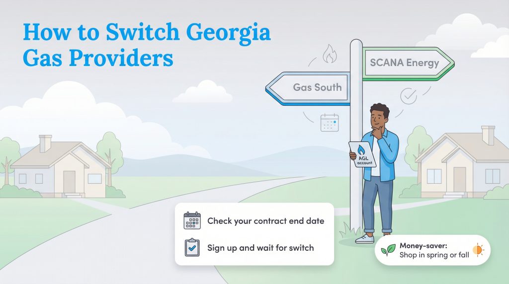 Infographic showing a man at a crossroads deciding between Gas South and SCANA Energy, with steps to switch providers.