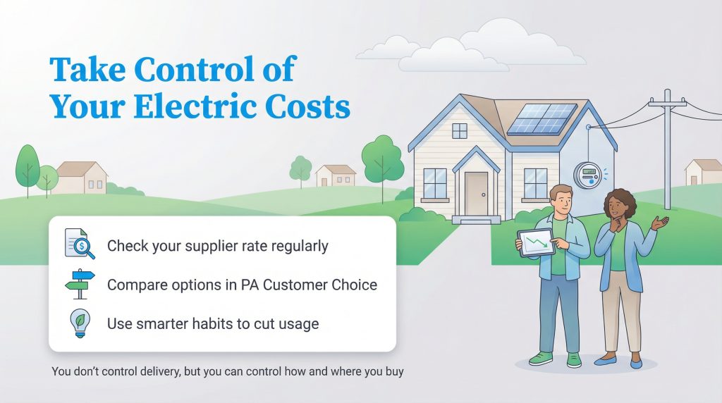Illustration showing a couple managing PA electric costs via rate checks, choice programs, and smart habits.