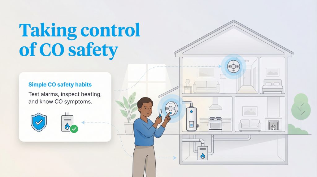 An illustration of a person testing a carbon monoxide detector in a home, with a checklist of safety habits.