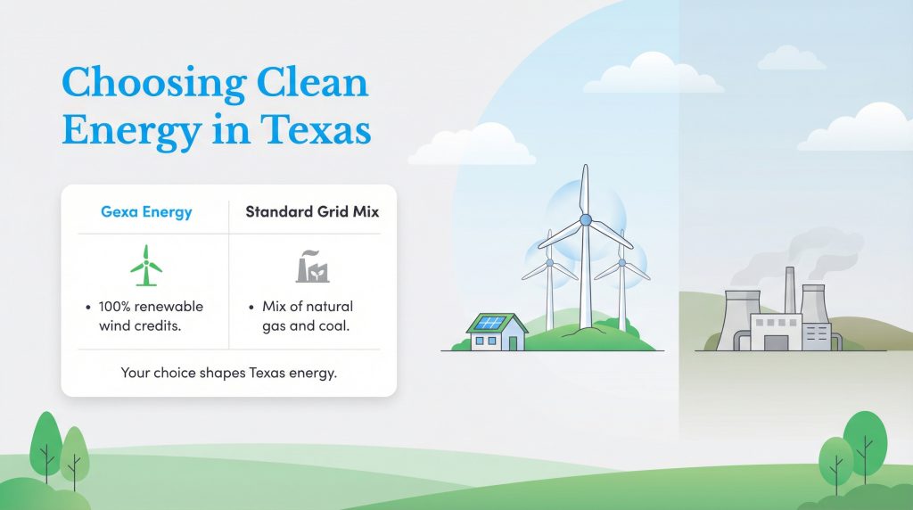 Graphic comparing Gexa Energy's renewable wind credits to the standard Texas grid mix of fossil fuels.