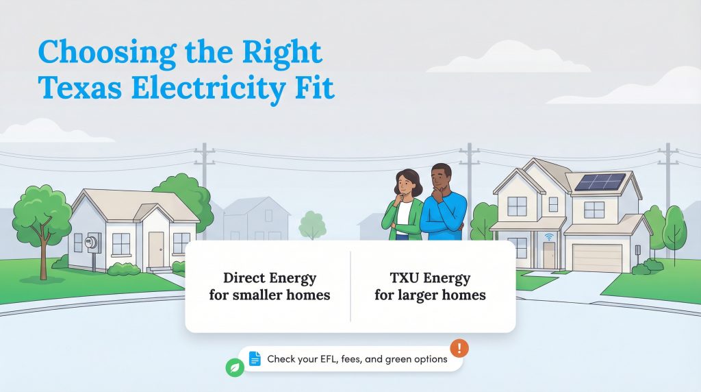Illustration of a couple comparing electricity providers for different-sized Texas homes.
