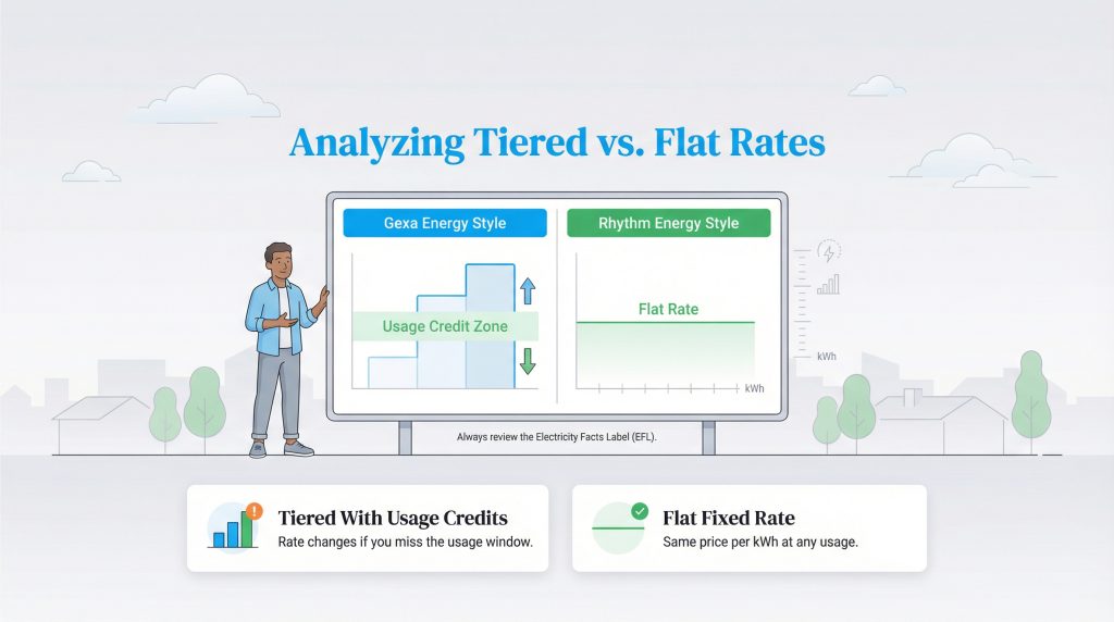 Illustration showing how tiered electricity rates vary by usage while flat rates remain constant.