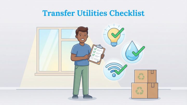 A man holds a checklist next to boxes and icons indicating transferred electricity, water, and internet.