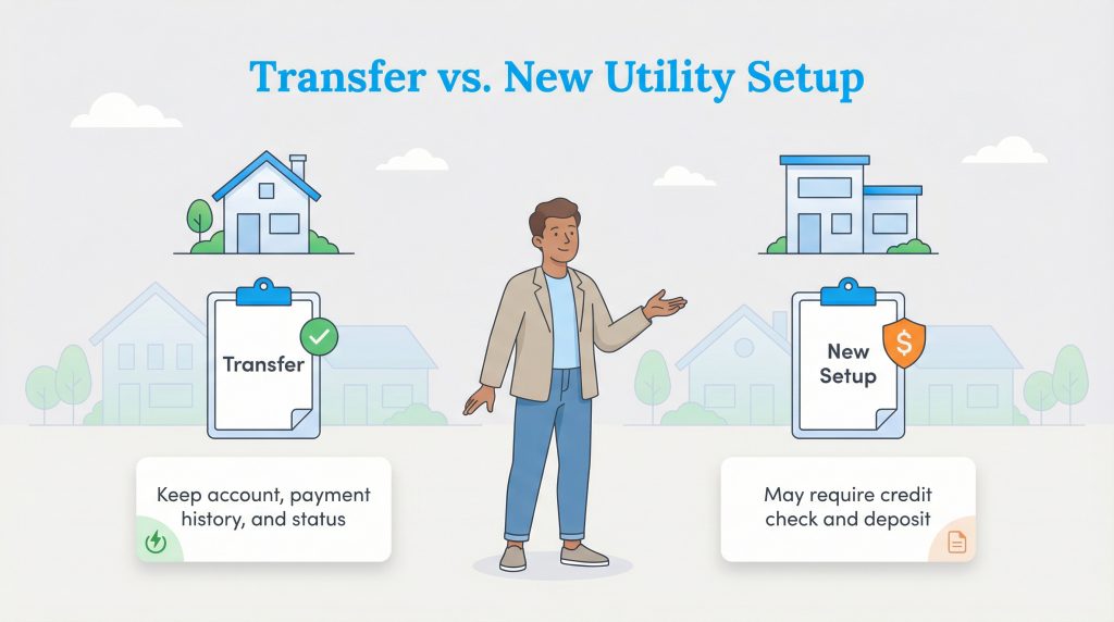 A man points to two options for utility service: transferring an account or starting a new setup.