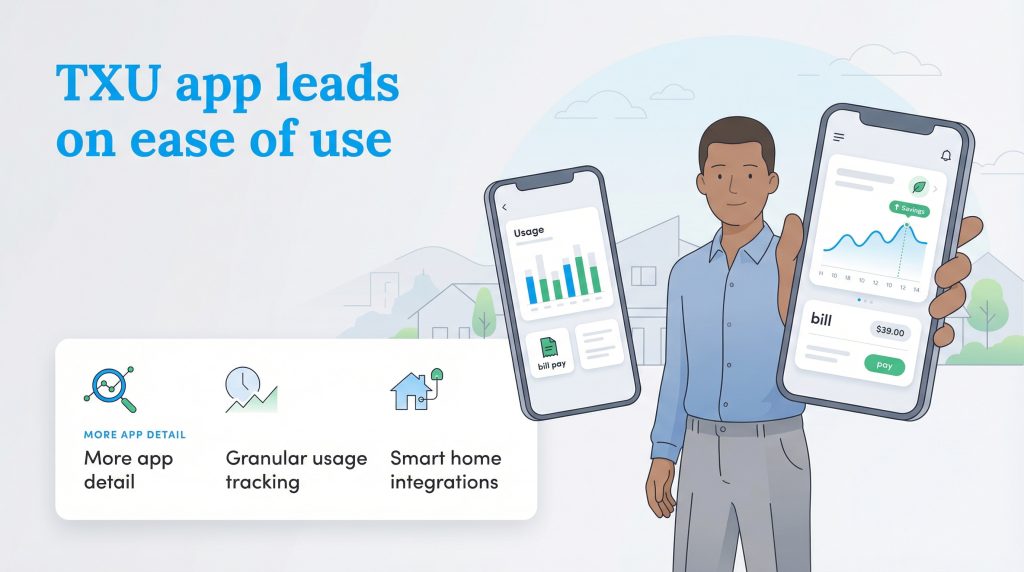 An illustration of a man with smartphones, showing TXU app leads on ease of use and its features.