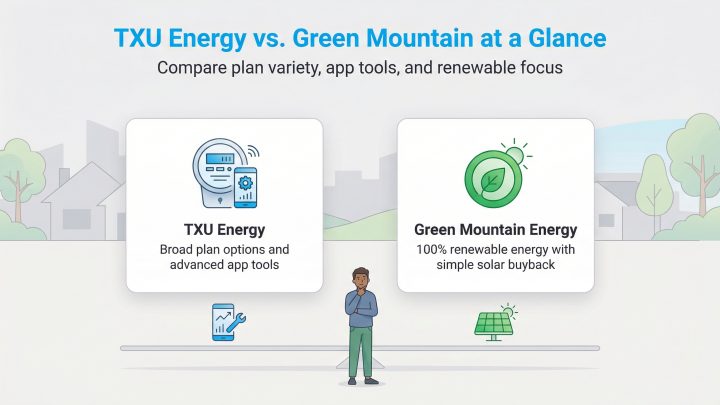 Visual comparison of TXU Energy's broad plans and app tools versus Green Mountain Energy's 100% renewable energy and solar buyback.