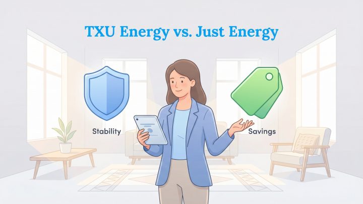 A woman compares TXU Energy's stability, represented by a shield, and Just Energy's savings, represented by a price tag.