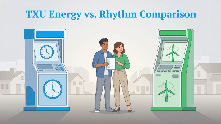 Two people stand between kiosks for TXU Energy and Rhythm, comparing them.