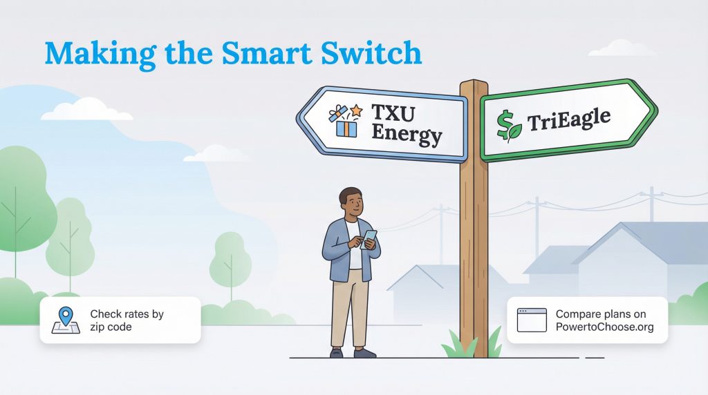 Man at signpost comparing TXU Energy and TriEagle, with tips to check rates online.