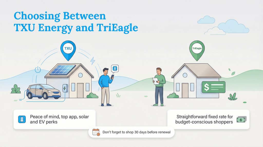 Infographic comparing TXU Energy and TriEagle based on lifestyle, budget, and contract renewal.