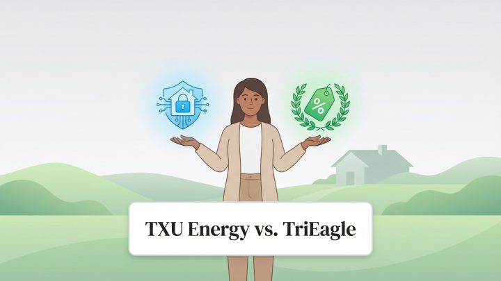 A woman compares a blue security shield icon and a green savings wreath icon, representing TXU Energy vs. TriEagle.