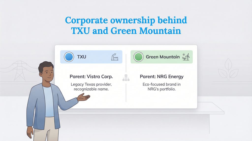 Infographic showing TXU is owned by Vistra Corp and Green Mountain is owned by NRG Energy.