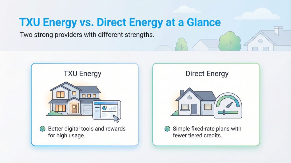 Graphic comparing TXU Energy (better digital tools, high usage rewards) and Direct Energy (simple fixed-rate plans, fewer tiered credits).