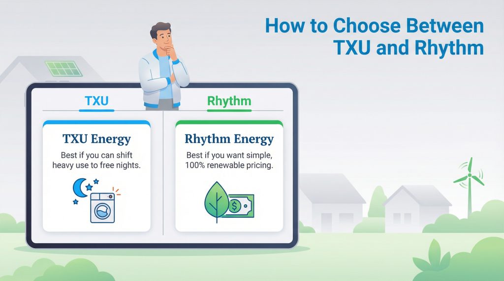 Infographic comparing TXU and Rhythm energy providers, showing TXU for free nights and Rhythm for renewable pricing.