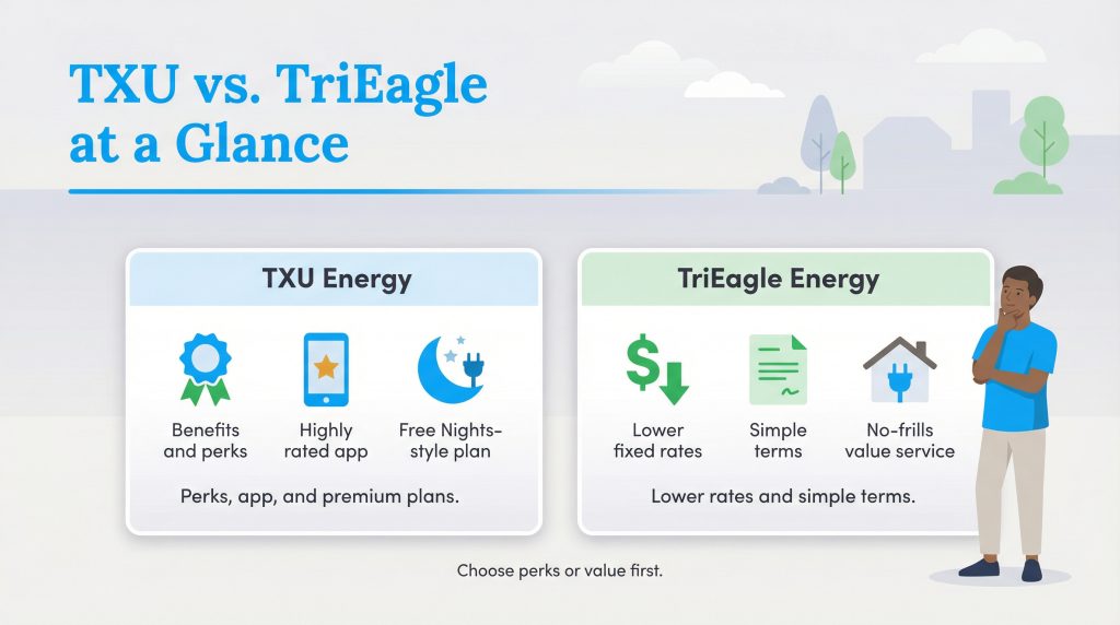 Infographic comparing TXU's premium perks and app against TriEagle's lower rates and simple terms.