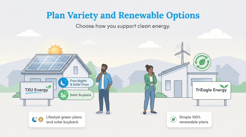 Illustration comparing TXU Energy's lifestyle green plans and solar buyback to TriEagle Energy's simple 100% renewable plans.