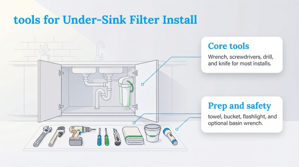 Infographic showing core tools and prep items needed for an under-sink water filter installation.