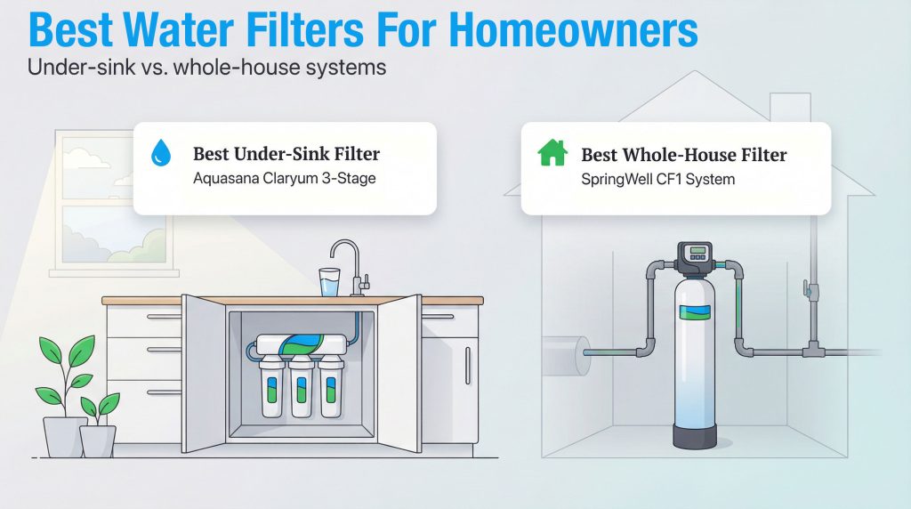 Diagram comparing an under-sink water filter installation and a whole-house water filter system.