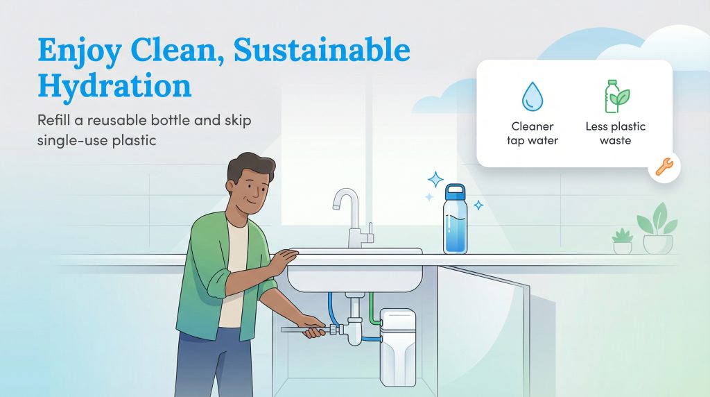A person installing an under-sink water filter, with icons for clean water and reduced plastic waste.