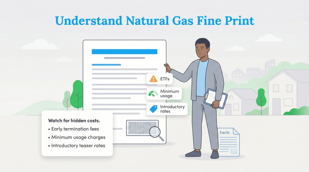 A person points out hidden costs like early termination fees in a natural gas contract's fine print.