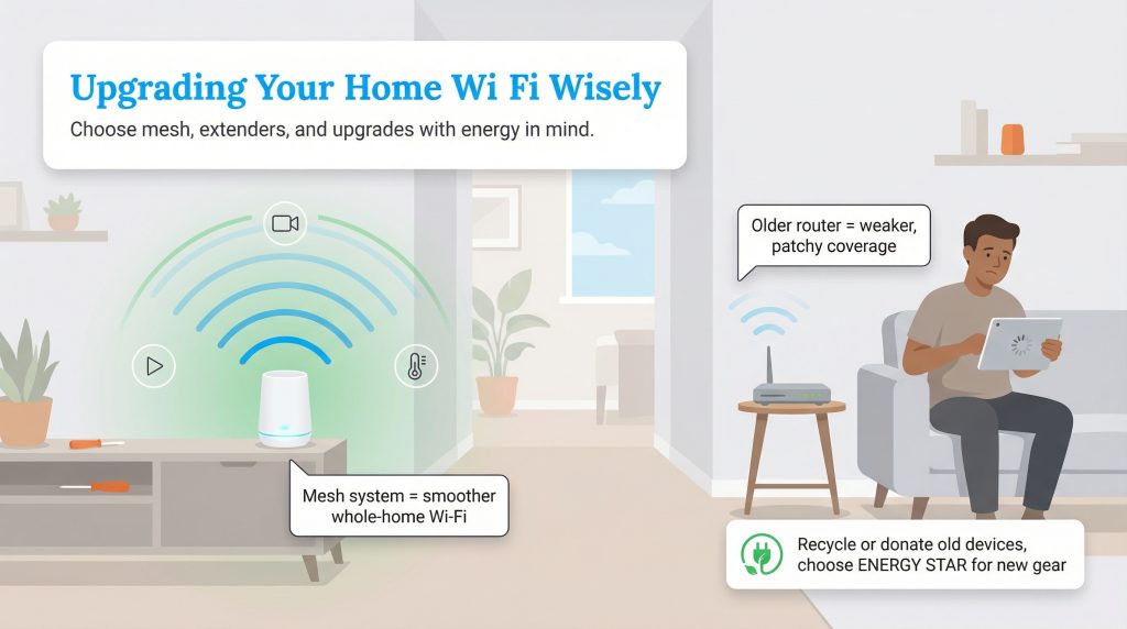 Infographic comparing strong mesh Wi-Fi versus weak older routers, and promoting responsible recycling.