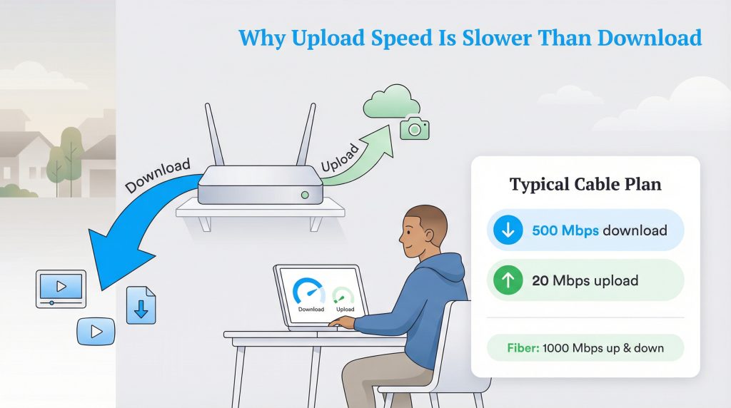 Diagram showing a typical cable plan with 500 Mbps download and 20 Mbps upload speeds.