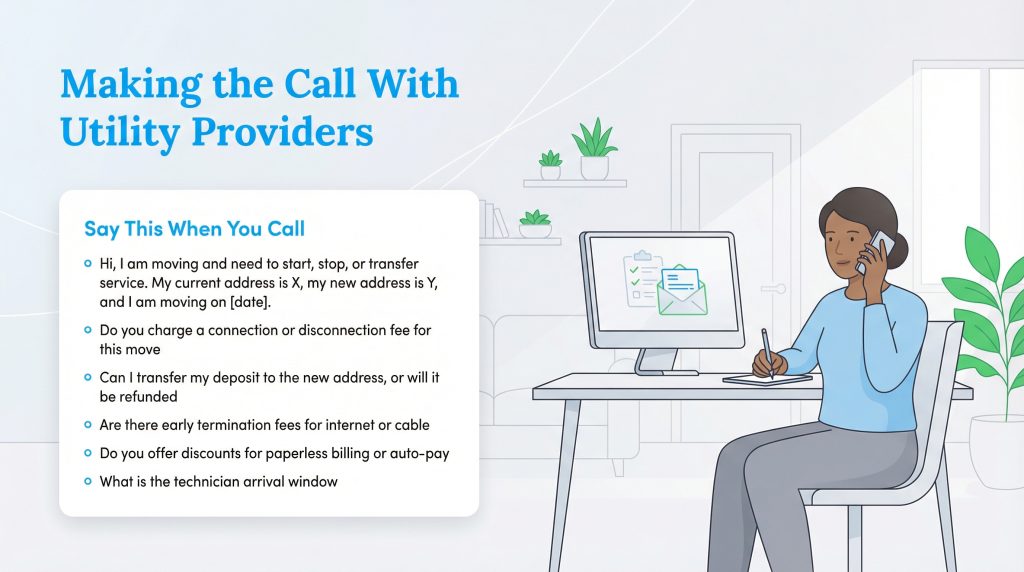 Infographic with a script and specific questions to ask utility providers when moving homes.
