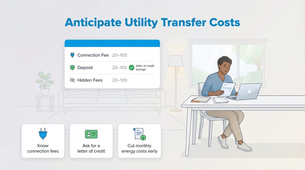 Infographic showing utility transfer costs, deposits, and tips to save money.