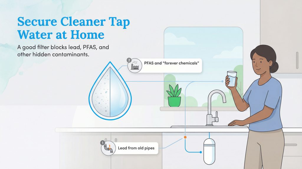 Illustration of a home water filter removing lead and PFAS before a woman drinks from the tap.