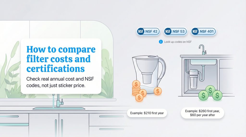 Infographic comparing cost and certifications of a water pitcher versus an under-sink filter.